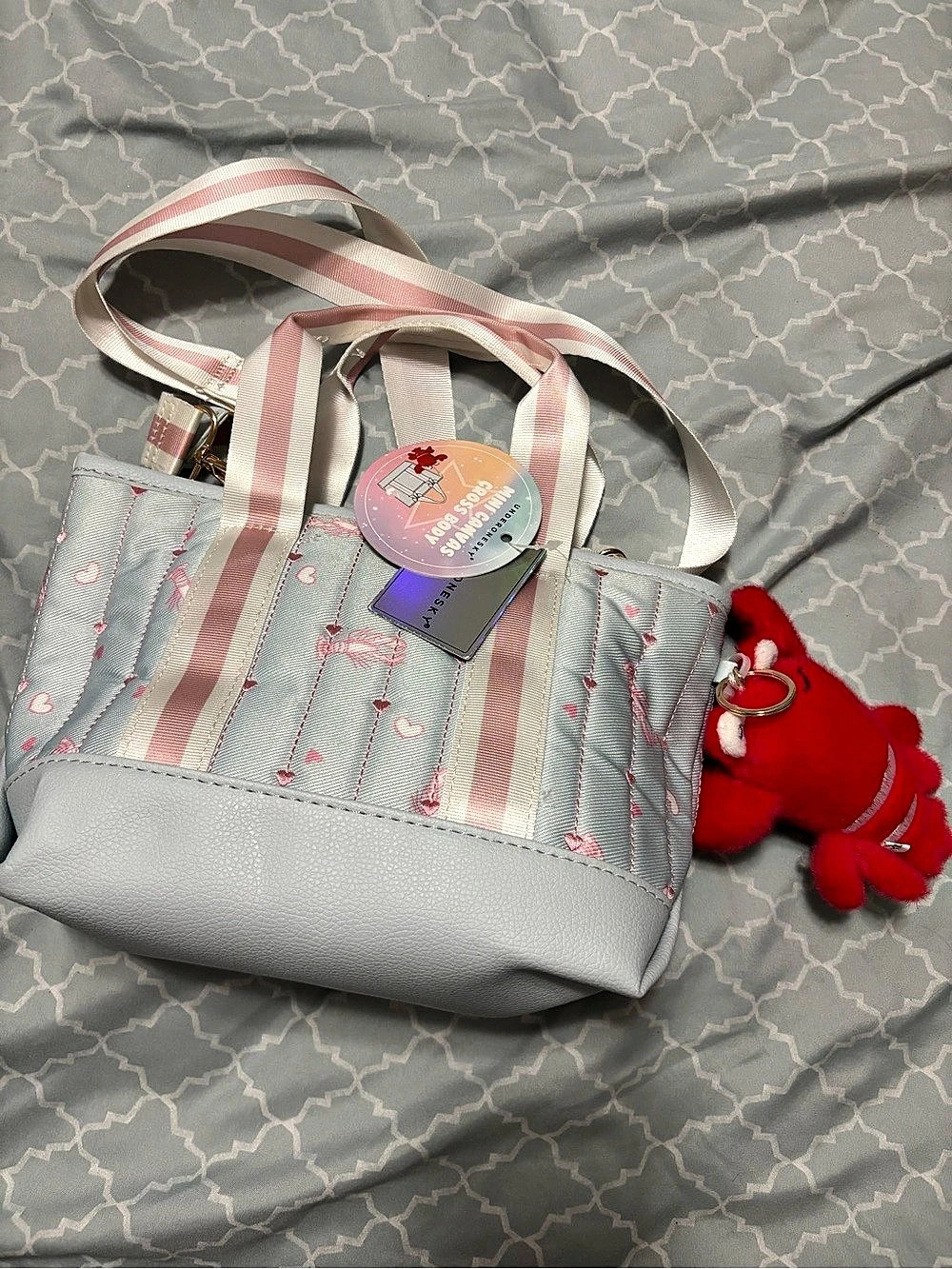 Underonesky Mini Canvas Crossbody Tote in Blue with lobster plush keychain